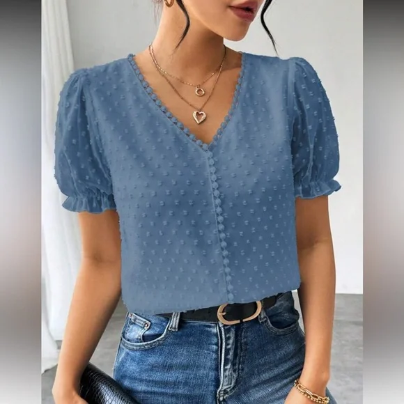 Elegant Burgundy Swiss Dot Puff Sleeve Top - Picture 8 of 16